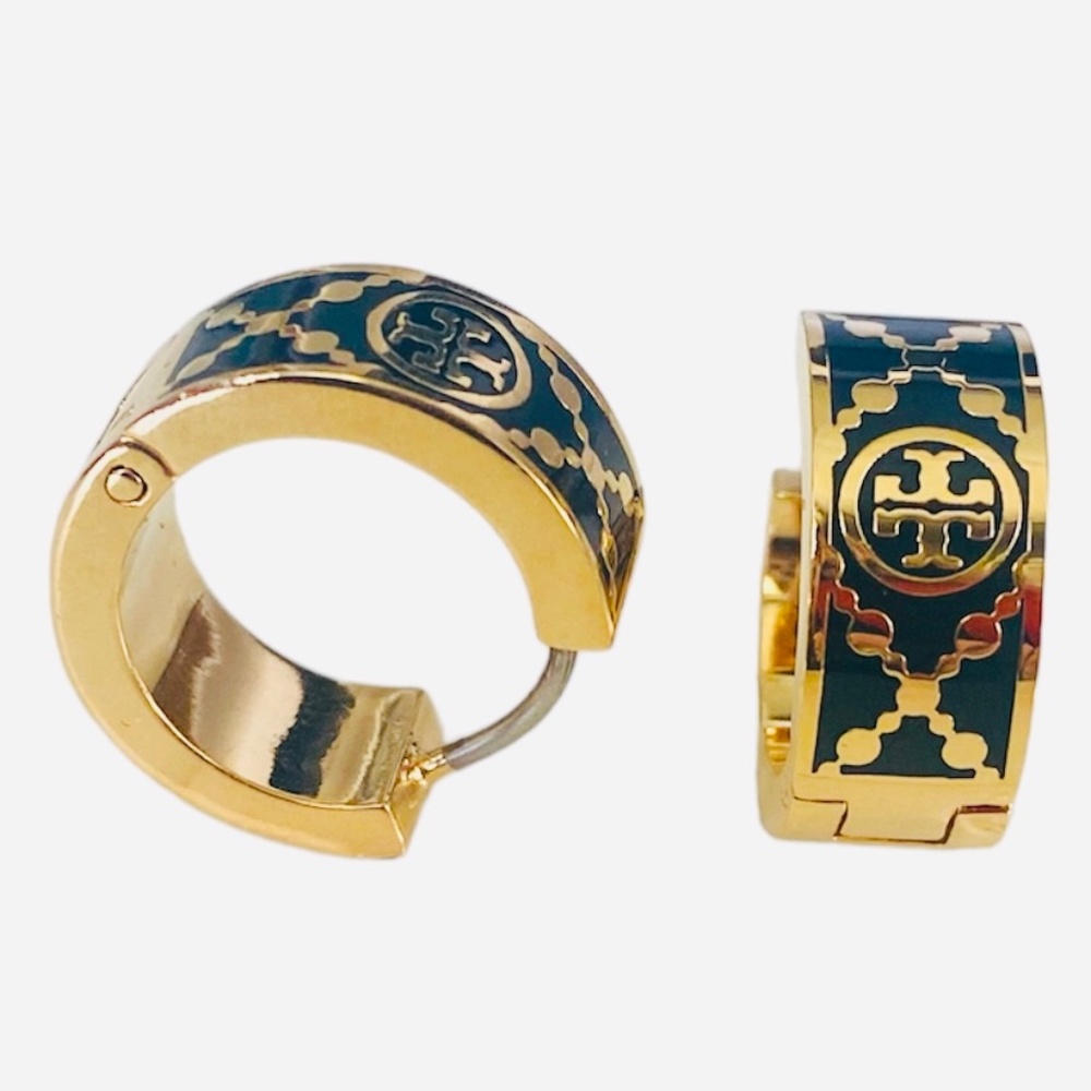 Auth Tory Burch Gold & Black MonogramT HUGGIE Earring Card w/Dust Bag Rtl $200